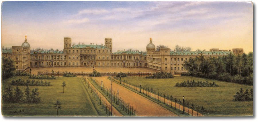 Фрагмент: Вид на Гатчинский дворец со стороны Балтийского вокзала. Фарфоровый пласт. 1870-е. 